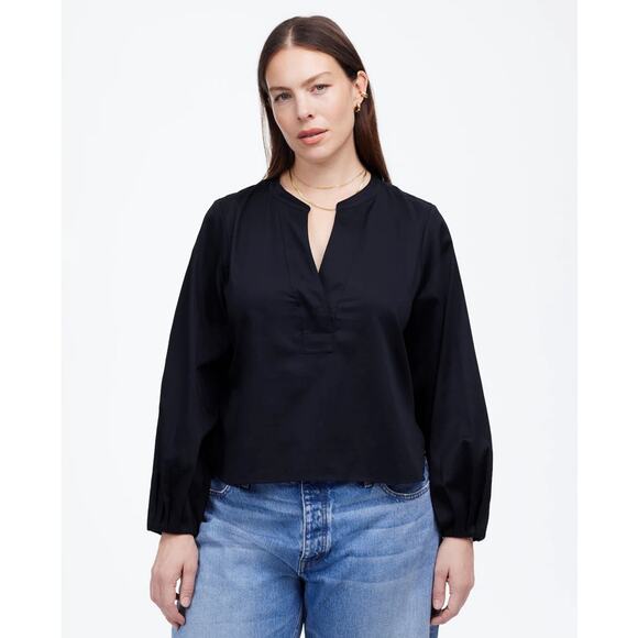 Madewell V-Neck Long-Sleeve Top SZ S Deep Indigo Pleated Sleeve Stretch Pullover - Picture 1 of 9